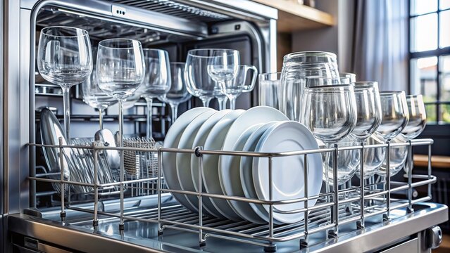 Sparkling clean dishes, silverware, and glasses arranged neatly in a modern dishwasher rack, fresh from a completed washing cycle, emitting a sense of convenience and cleanliness.