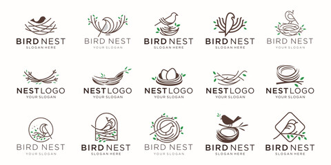 bird & nest logo design. minimalist root house line and leaves green modern concept.