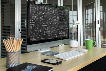 Mathematic equations and modish formula on computer screen showing concept of science and education