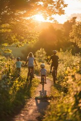 Group of children enjoying a bike ride during a peaceful sunset in the enchanting woods