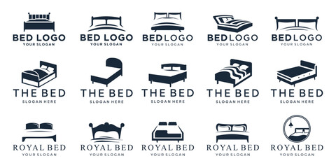 set of illustration bed logo and silhouette shape concept with pillows vector design.