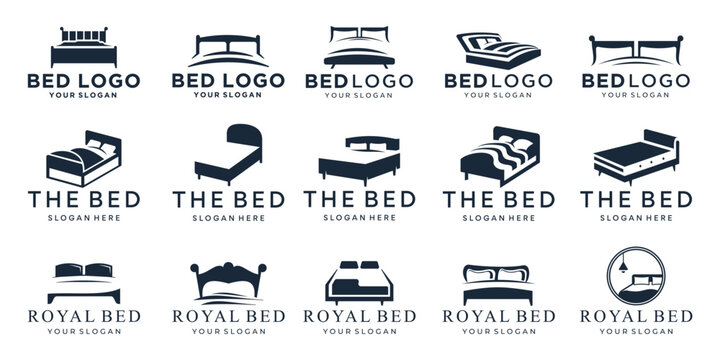 set of illustration bed logo and silhouette shape concept with pillows vector design.