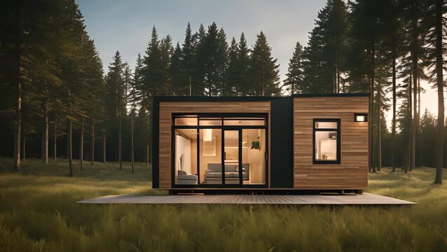 Modern Tiny House in Forest at Dusk