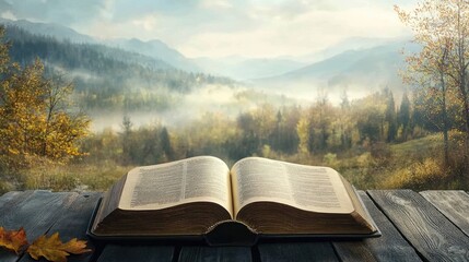 A Bible open to Psalm 23, with the text clearly visible, placed on a rustic wooden surface with a peaceful nature scene in the background.
