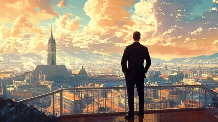 A businessman in a suit standing on a balcony overlooking a European city, reflecting on future business ventures.