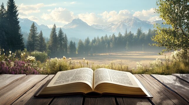 A Bible open to Psalm 23, with the text clearly visible, placed on a rustic wooden surface with a peaceful nature scene in the background.