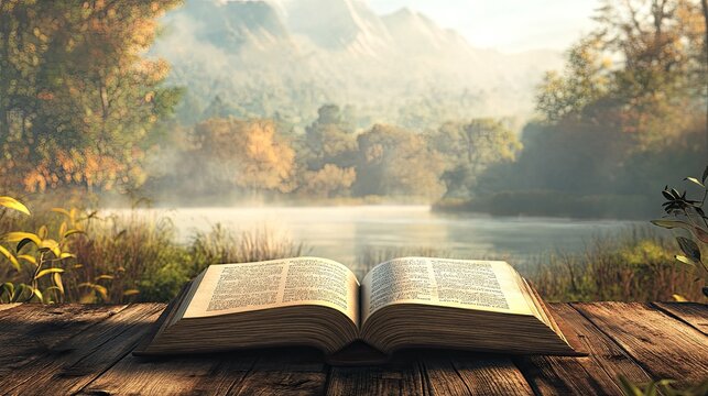 A Bible open to Psalm 23, with the text clearly visible, placed on a rustic wooden surface with a peaceful nature scene in the background.