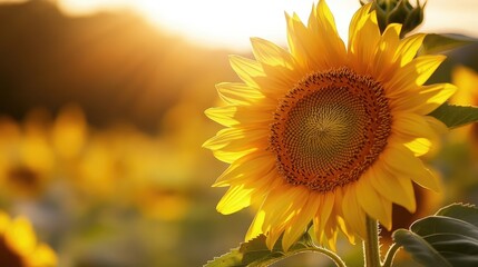 A close-up of a sunflower in a field, with the golden petals and intricate patterns of the seed head sharply focused against a blurred background.