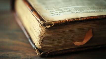 Obraz premium A close-up of a well-worn Bible, its pages slightly tattered, with a bookmark ribbon draped over the corner.