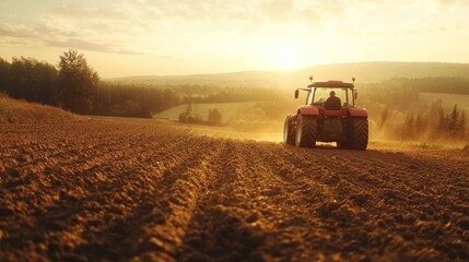 Fototapeta premium A farmer driving a tractor across a field at dawn, with the early morning light highlighting the plowed earth.