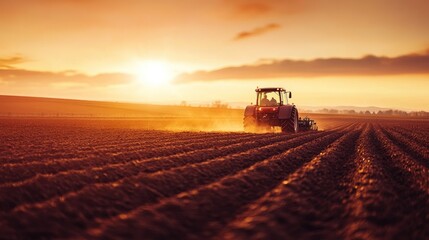 Fototapeta premium A farmer driving a tractor across a field at dawn, with the early morning light highlighting the plowed earth.