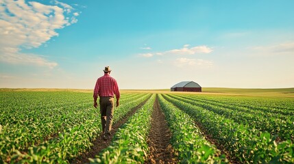 Fototapeta premium A farmer walking through rows of corn in a vast field, the blue sky above and a barn in the distance, symbolizing rural life.