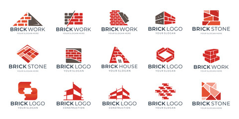 set of brick wall bricklayer logo icon symbol vector illustration, bundle and package of red brick works logos inspiration.
