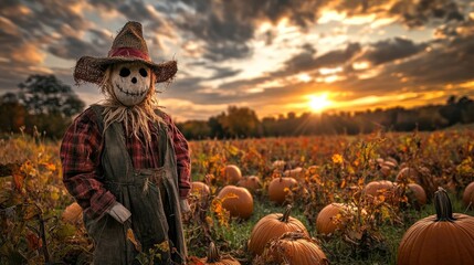 A rustic scarecrow dressed in old clothes, guarding a pumpkin patch at sunset, creating an autumnal atmosphere.