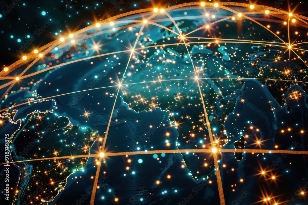 Poster global network connections illuminated in world map background travel and business concept with 3d r