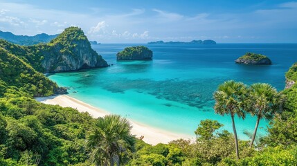 A wide shot of the pristine beaches of Thailand, with clear blue waters gently lapping against the white sand, framed by palm trees.