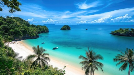 Fototapeta premium A wide shot of the pristine beaches of Thailand, with clear blue waters gently lapping against the white sand, framed by palm trees.