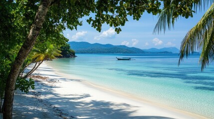 A wide shot of the pristine beaches of Thailand, with clear blue waters gently lapping against the white sand, framed by palm trees.