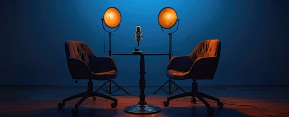 two chairs and microphone in the middle, podcast studio background