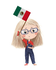 Funny cute girl with flag of Mexico. Bright clip art isolated