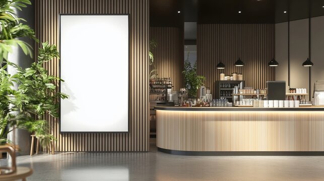 Blank rectangular store signage design mockup isolated, wood wall-mounted cafe on blossoming season