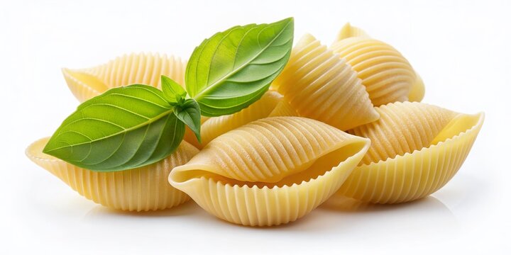 Delicate conchiglie rigate pasta shell is dramatically lit, showcasing its intricate ridges and curved shape, surrounded by fresh green basil leaves, against a clean transparent background.