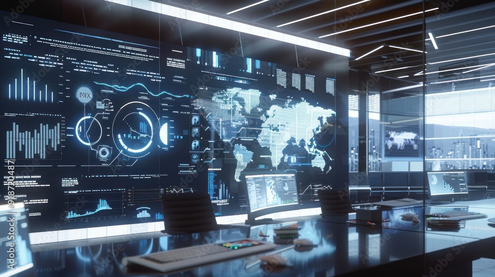 Aufkleber modern cyber security control room with world map display