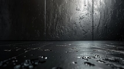 Dark wet floor with water droplets, blurred background.