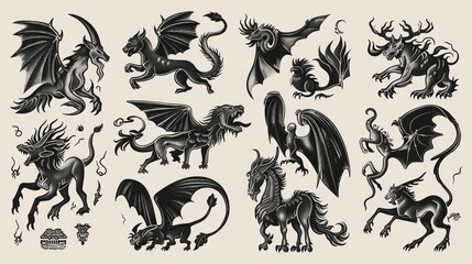 Set of black and white illustrations of mythical creatures such as dragons, unicorns, and phoenixes
