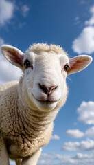 Obraz premium A cute delightful white fluffy sheep gazing directly looking at the camera with gentle, soulful eyes, set against the backdrop of a blue sky.
