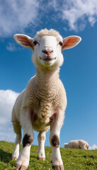 Fototapeta premium A cute delightful white fluffy sheep gazing directly looking at the camera with gentle, soulful eyes, set against the backdrop of a blue sky.