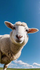 Fototapeta premium A cute delightful white fluffy sheep gazing directly looking at the camera with gentle, soulful eyes, set against the backdrop of a blue sky.
