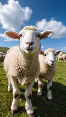 Obraz premium A cute delightful white fluffy sheep gazing directly looking at the camera with gentle, soulful eyes, set against the backdrop of a blue sky.