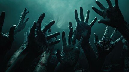 A crowd celebrating with open arms and hands held high, conveying joy and elation