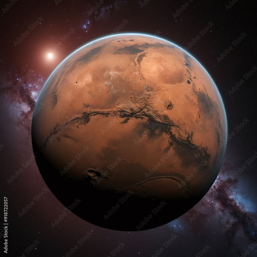 Wall mural 3d planet mars isolated in dark stary array galaxy solar system red planet