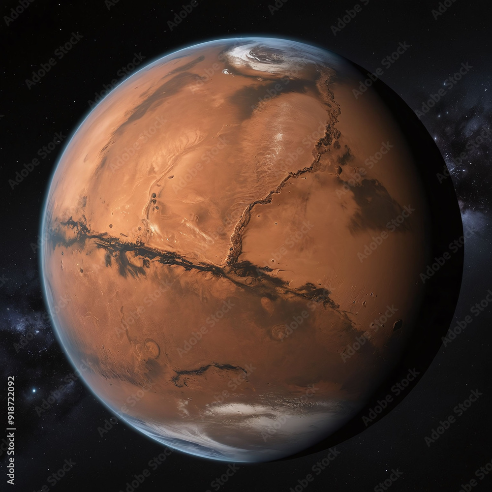Wall mural 3d planet mars isolated in dark stary array galaxy solar system red planet