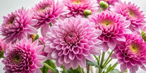 Obraz premium Vibrant pink chrysanthemum flowers in a lush bouquet against a crisp white background, surrounded by a delicate border of soft pink blooms, exuding elegance.