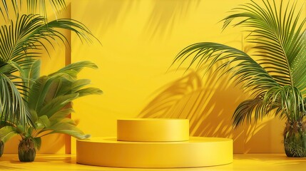 Obraz premium A two-tiered yellow platform sits on a yellow floor with two potted palm trees on the left and right. The platform is bathed in sunlight casting long shadows across the floor.