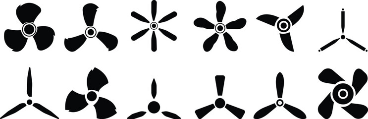 propeller icon set vector design element, engine or motor image, flat design fan propellers vector, isolated on transparent background. wind fan rotating prop, fan, rotor mover, aircraft design.