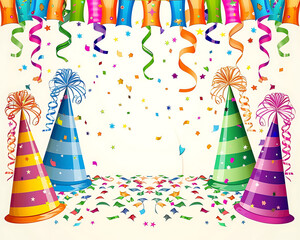 Obraz premium Fun birthday card with colorful streamers and party hats an open area for text at the top