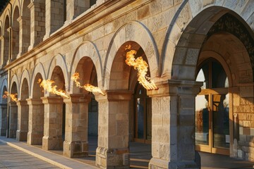 Stone Arches with Flames at Sunset