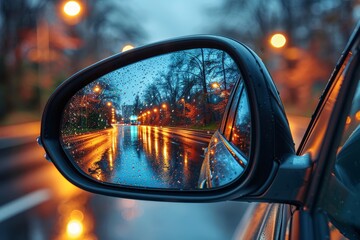 Close up of side rear mirror on contemporary car highlighting intricate modern design