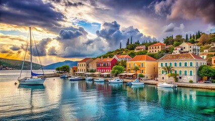 Fototapeta premium Serene Mediterranean panorama of picturesque Fiskardo town on Cephalonia Island, Ionian Islands, Greece, featuring pastel-hued buildings, sailboats, and turquoise waters under a cloudy sky.