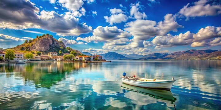 Serene Greek village of Tolo near Nafplio, Peloponnese, with a moored boat in calm rippled sea, nestled beneath a brilliant blue sky with puffy white clouds.