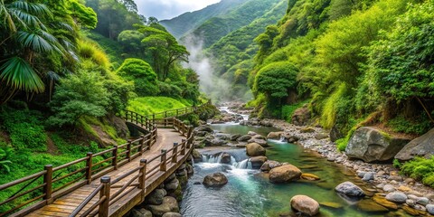 Naklejka premium Scenic Ziming Creek Trail in Yangmingshan National Park features lush greenery, rugged terrain, and a secluded natural hot spring, perfect for a serene hike.