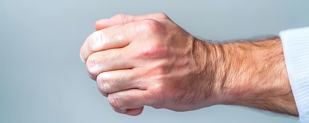 Fototapeta premium A close-up of a clenched fist symbolizing strength, determination, and readiness for action against a subtle background.