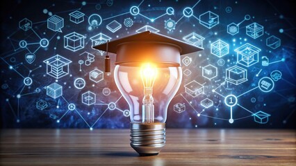 Innovative e-learning concept featuring a glowing lightbulb with a graduation hat, surrounded by education icons, symbolizing AI-powered online courses and internet-based degree programs.