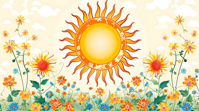 Get well soon card with a cheerful sun and flowers a copy space at the center for a personalized message