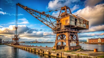 Fototapeta premium Rusted mechanical crane stands tall at Dublin Bay's old docks, its worn metal and faded paint a testament to decades of industrial heritage and neglect.
