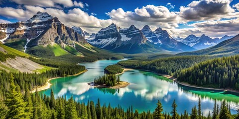 Fototapeta premium Snow-capped Canadian Rockies tower above serene turquoise lakes, lush green forests, and rolling hills in Jasper National Park's breathtakingly scenic landscape on a sunny day.